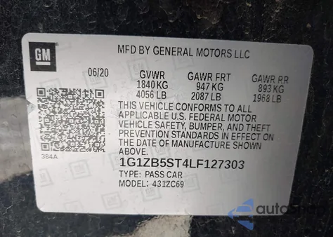 2020 Chevrolet Malibu Fwd Ls z USA, uszkodzony, nr VIN 1G1ZB5ST4LF127303